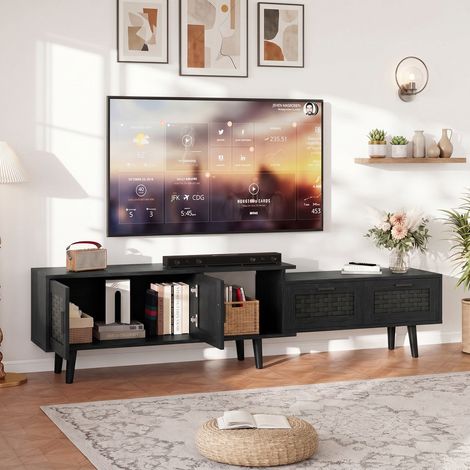 Meuble TV extensible 146-180x44x37.5 cm, portes et tiroirs avec motif tressé, pieds en bois, style moderne, pour salon, noir (1/5)