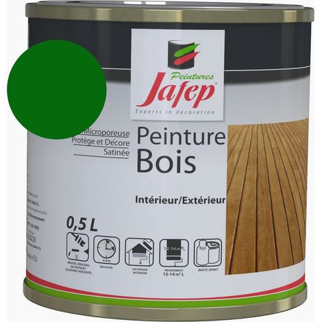 Peinture bois satinée vert printemps 0,5L – Pour intérieur et extérieur – Rendement 12-14m²/L – Application sur support sec – Jafep