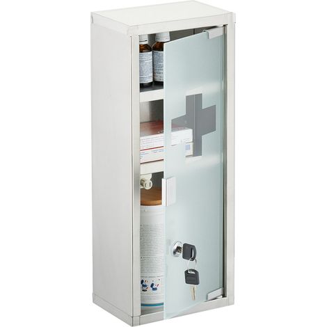 Relaxdays Armadietto Pronto Soccorso Medicinali, Cassetta Medicine con Chiave, HLP: 45x18x12 cm, Acciaio Inox e Vetro
