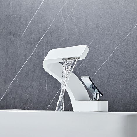Modern Waterfall Basin Faucet for Bathroom Single Lever Mixer Tap Bathroom Faucet Brass Faucet,White(with Hose) (1/5)
