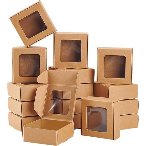 Brown Kraft Paper Boxes 3x3x3cm with Clear Windows Foldable Gift Box for Party Wedding Bakery 36 Pack (1/5)