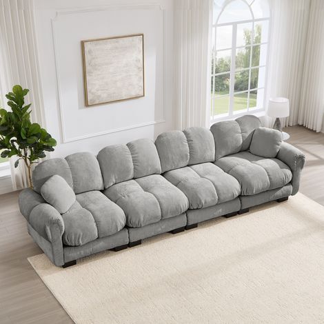 Sofá modular, 330x86x90 cm, asiento acolchado, respaldo curvo, chenilla, gris claro (1/5)