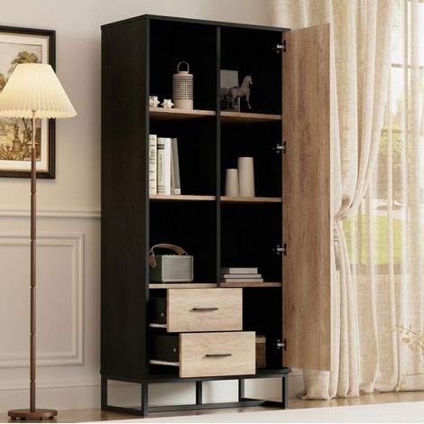 Moderner Highboard Schrank 80x40x180 cm – Holzoptik mit schwarzem Rahmen, mit Tür, 2 Schubladen & 3 offenen Fächern – Vielseitiger Stauraum für Wohnzimmer, Büro & Flur (1/5)