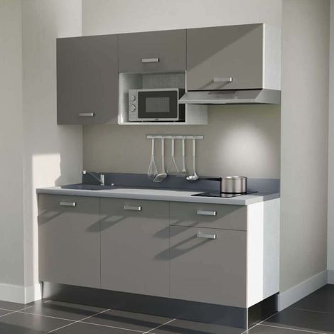Kitchenette K30L - 180 cm - plan monobloc évier intégré Cromo- évier à gauche - Façades Gris + Electroménager inclus coloris Inox