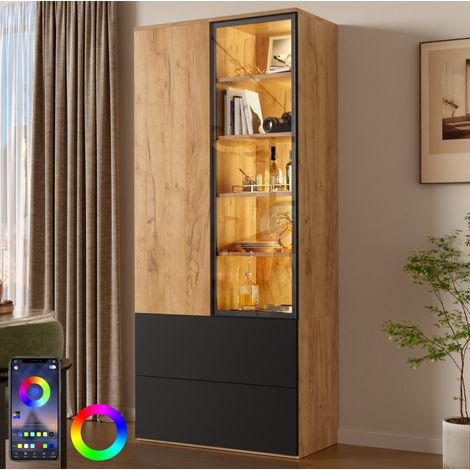 Vetrina con LED e vetro, 2 ante, 2 cassetti e 6 ripiani regolabili 70x35x160 cm OKWISH (1/5)