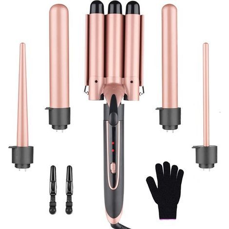Ynkkvre 5-in-1 Lockenstab-Set mit austauschbarem Zubehör – Keramik-Lockenstab mit 2 Temperaturstufen, 360° drehbarem Kabel und hitzebeständigem Handschuh (1/5)