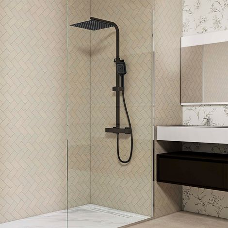 OCEAN Set doccia acciaio inox con soffione 30x30cm e doccetta 25x10cm, miscelatore termostatico doccia con colonna regolabile 73-115cm, nero