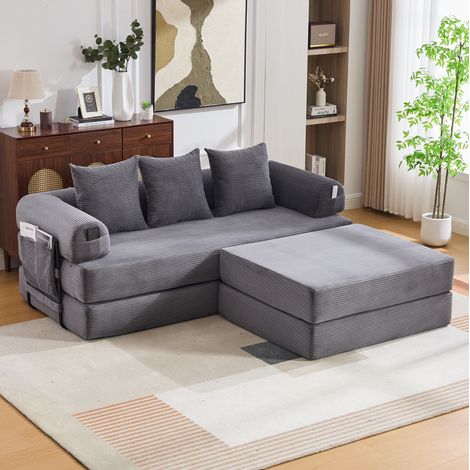 Canapé modulaire 200x190x67 cm gris foncé en velours côtelé avec ottoman, cadre métal, poche latérale et 3 coussins (1/5)
