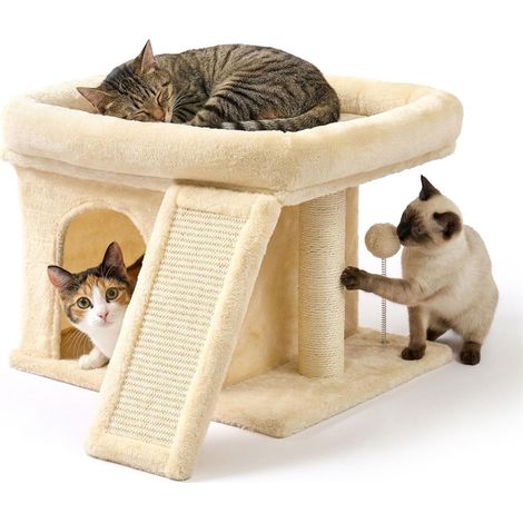 Árbol para gatos con cueva y cama, color beige – Sisal y felpa (1/5)