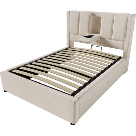 Cama tapizada 90x200 cm con almacenaje, puertos USB y portavasos, beige, colchón incluido (1/5)