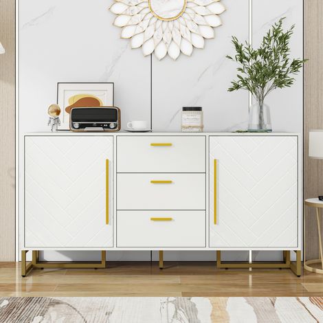 Buffet blanc en MDF avec 2 portes, 3 tiroirs et étagères réglables motif chevrons (1/5)