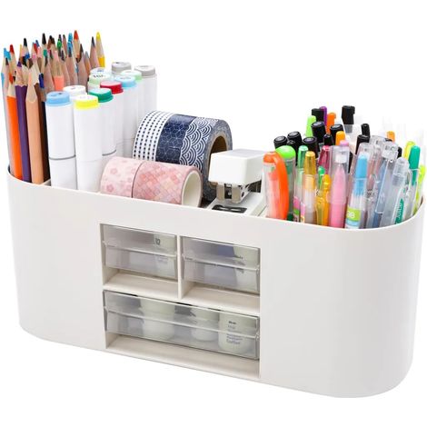 Bureau organiseur 6 casiers et 3 tiroirs, rangement de bureau multifonctionnel, gain de place pour bureau, organiseur de table blanc (1/4)