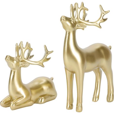 Lot de 2 Jouets Miniatures de cerf Porte- - Décoration de Noël - Décoration de Maison - Figurine d'animaux - Décoration de Table - Couple de cerf - Résine dorée - Amoureux de (1/5)