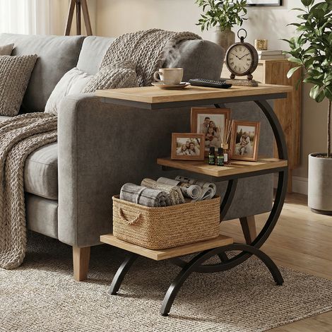 C-förmiger Beistelltisch – 3-stöckiger Nachttisch Beistelltisch für Sofa und kleine Räume, helles Holz, 60 x 30 x 65 cm, Industrie-Stil