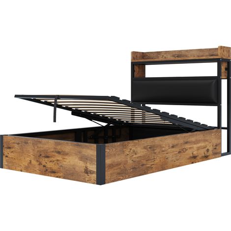 Cama abatible 90 x 200 cm con elevación hidráulica, cabecero acolchado y USB, negro (1/5)