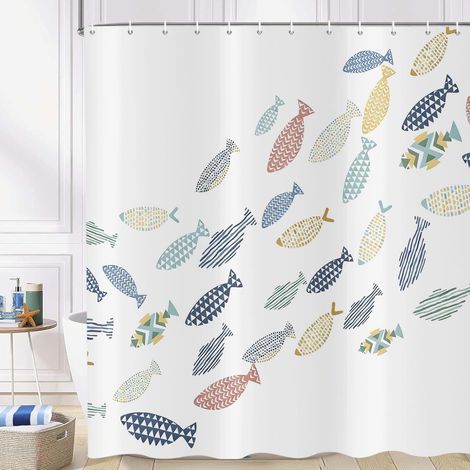 Rideau de Douche Poisson 180x200 cm, Océan d'été Poisson Flottant Coloré Esthétique Minimaliste Blanc Imperméable Bain Rideau Textile Lavable Rideaux Douche pour Baignoire avec 12 Crochets (1/5)
