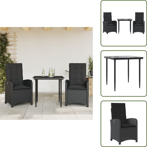 Rattanstuhl - vidaXL 3-tlg. Garten-Essgruppe mit Kissen Schwarz Poly Rattan - Sitzkissen (1/5)