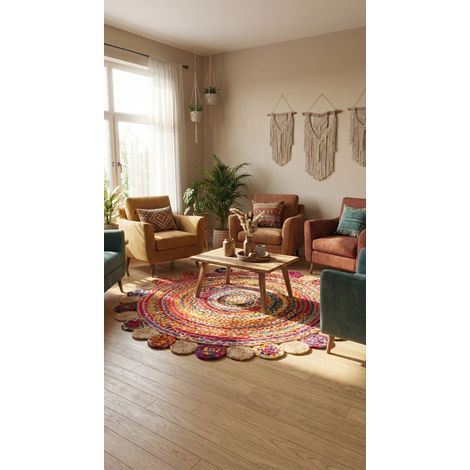 Tapis en jute Tapis Lerina - Tapis en laine  - 140x140cm, Round - 50% Jute, 50% Coton - Tissé main - Multicolore