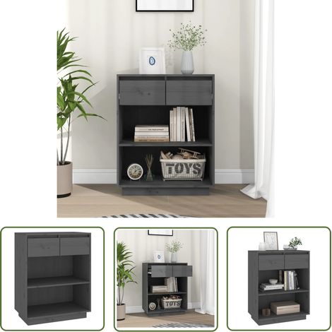 The Living Store Armoire console Gris 60x34x75 cm Bois de pin solide - Buffet - Meuble TV - Commode - Armoire Basse - Rangement Intérieur (1/5)