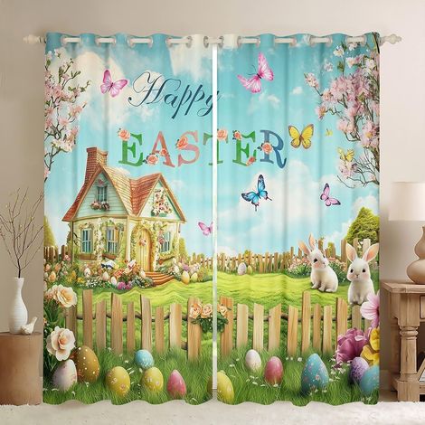 Happy Easter Rideau de fenêtre - Motifs lapins mignons - Œufs colorés - Pour filles et garçons - Papillons - Fleurs - Paysage - Ferme - Traitement des fenêtres - Pour le bureau et la maison - 260x140c (1/5)