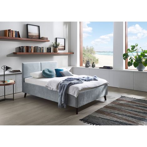 Meise Möbel Polsterbett Piano 140x200 cm Doppelbett Bettgestell Kopfteil mit tiefem Einzug Strukturstoff Hellblau Holzfuß schwarz (1/5)