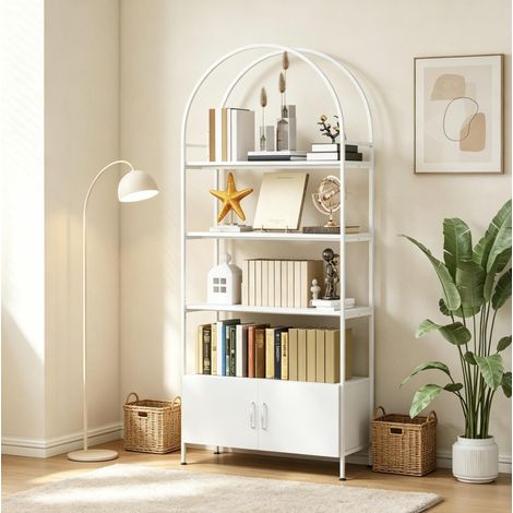 Gebogenes Bücherregal mit 4 Ebenen und Unterschrank mit Doppeltür, 80 x 30 x 187 cm, weiß HAVRYA (1/5)