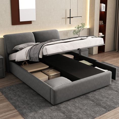 Lit coffre 140x190 cm, lit double rembourré avec trois tiroirs, avec sommier à lattes, velours, gris, sans matelas