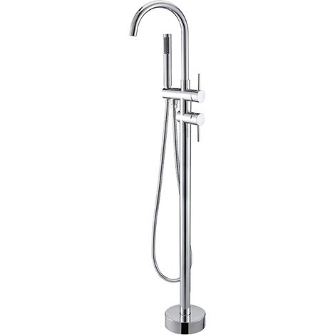 Saniverre – Mitigeur de baignoire sur pied chrome brillant – Corps en laiton – 2 cartouches indépendantes – Hauteur 112 cm – Flexible 143 cm