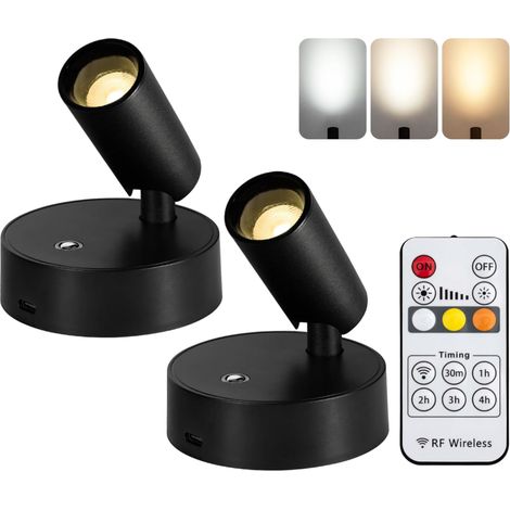 Confezione da 2 luci da parete a LED wireless con telecomando, faretto magnetico ricaricabile, rotazione di 350°, dimmerabile, per la lettura (nero) (1/5)