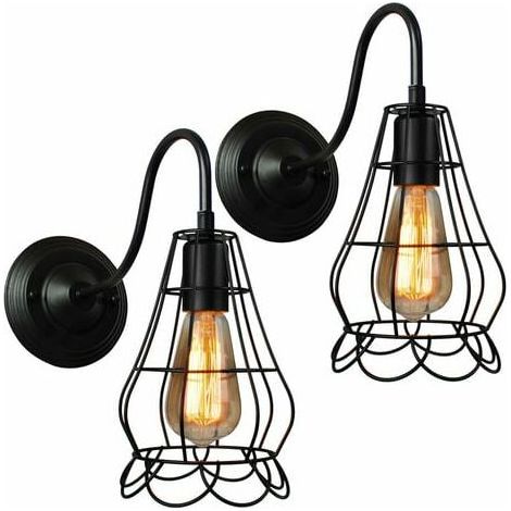 Set of 2 Vintage Industrial Wall Lights Indoor Metal Cage Black Iron Pendant Lamp for Living Room Bedroom Cafe Bar (1/4)