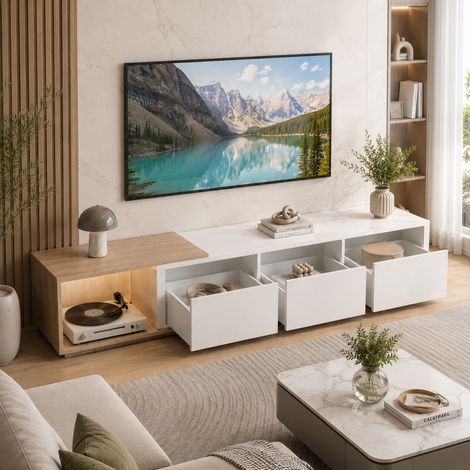 Meuble TV extensible 240×38×44cm, 3 tiroirs, banc TV de salon, lumières LED, armoire TV multifonctionnel, étagères ouvertes, grande capacité, style moderne, pour salon et chambre, Bois, Blanc (1/5)