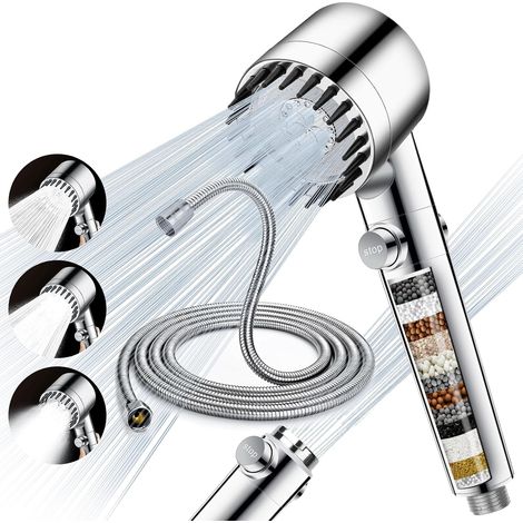 Pommeau de Douche Anti Calcaire avec Étapes Filtre et Tuyau 2M Pomme de Douche Économie D'eau Haute Pression Douchette Douche Salle de Bain Filtrant avec Types de Jets et Bouton D'arrêt(Argent) (1/5)