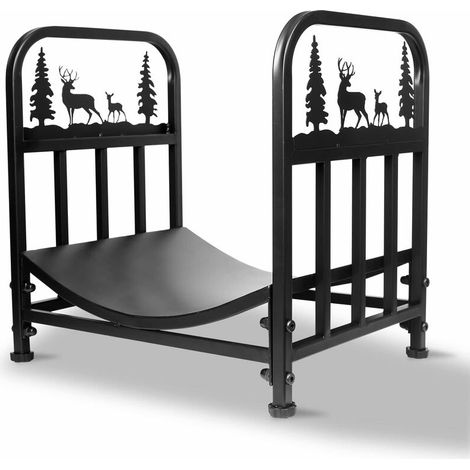 Range bûches intérieur en métal 42 x 32 x 43 cm – Capacité 80 kg – Design élégant avec motifs de cerfs – Transport facile