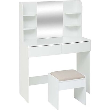 Coiffeuse moderne avec miroir, 2 tiroirs et compartiments ouverts, coloris blanc - Longueur 90 x Profondeur 40 x Hauteur 125 cm (1/5)