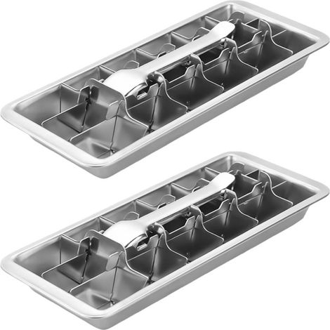 Lot de 2 bacs à glaçons en acier inoxydable pour congélateur, bacs à glaçons en métal avec levier, moule à glaçons réutilisable à 18/8 fentes pour bar et cuisine (sans clips, lot de 2)
