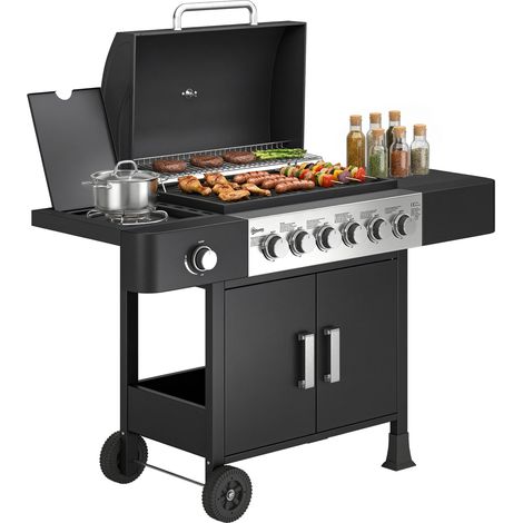 Barbecue a gas con 6+1 bruciatori, carrello da esterno con ruote, griglia scaldavivande, termometro, ripiani laterali, nero