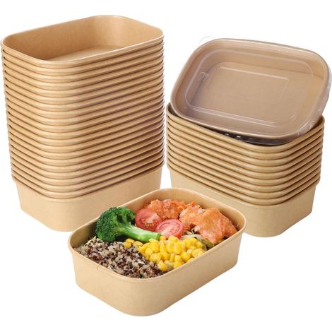 Lot de 50 boîtes repas en papier kraft avec couvercle transparent (17x12 cm) - Récipients alimentaires jetables pour salades, glaces et plats à emporter, passent au micro-ondes et au congélateur