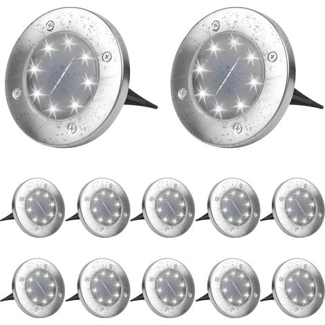 Lampes solaires d'extérieur, blanc froid 6000 K, lot de 12, spots solaires encastrables étanches pour allées, jardins, terrasses, cours et pelouses