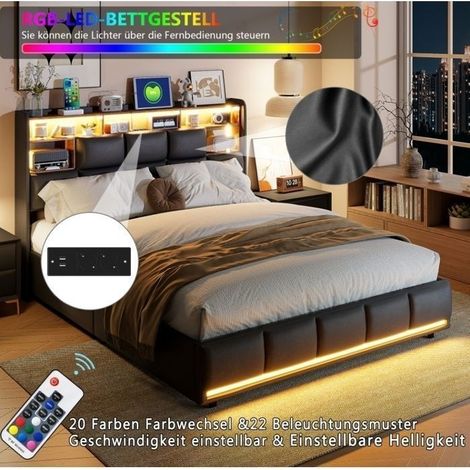 Doppelbett 140x200 cm, LED+USB, Bettgestell 140x200 cm mit hydraulischem Stauraum, PU Schwarz, Bett mit Stauraum 140x200 cm, Lattenrost inklusive