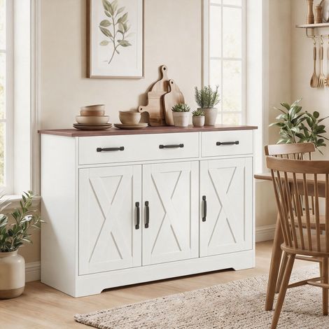 Buffet de cuisine, meuble de rangement 3 portes coulissantes, 2 tiroirs et étagères ajustables, blanc, 108 x 40 x 81 cm (1/5)