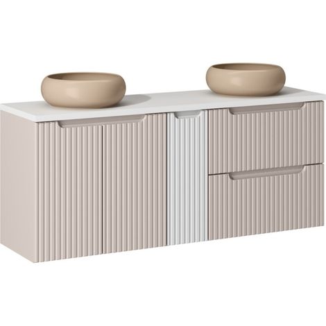 Insieme VANO cashmere e bianco 140cm : mobili sotto lavabo con cassetti e armadietti + lavabi da appoggio marrone cappuccino