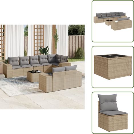 Ratán sintético - vidaXL Set de sofás de jardín 9 pzas con cojines ratán sintético beige - Sofás de jardín con cojines
