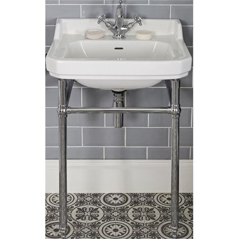 Milano Richmond 560mm x 450mm White Ceramic Bathroom Basin Sink with Chrome Washstand and Integral Towel Rail - 1 Tap Hole