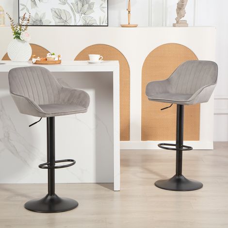 Set aus 2 Barhockern, Samt-Barstühle mit Rückenlehne, Fußstütze, höhenverstellbar und drehbar, grau