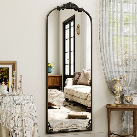 Koonmi miroir sur pied vintage - 80 x 180 cm - Cadre gravé - Noir
