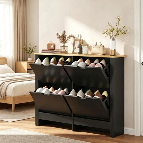 Schuhschrank für 16 Paar mit 4 Klappen, verstellbaren Einlegeböden, Schwarz/Naturholz (1/5)