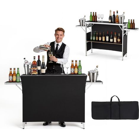 Table de Bar Pliable Portable, 1105x390 x1010 mm, avec Sac de Transport, Étagère de Rangement et Jupe Amovible, Comptoir de Bar Mobile pour Fêtes, Foires, Événements et Salons Professionnels (1/5)