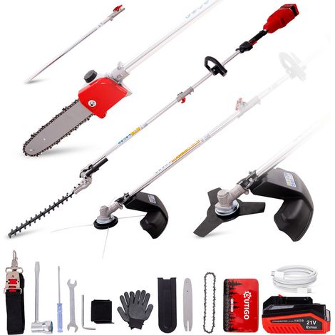 OUTIGO Outil de jardin multifonction à batterie avec manche long, 4-en-1 – Coupe-bordures, tronçonneuse, tondeuse à fil, cisaille à haies, avec rallonge de 1,2 m et 1 batterie de 4 Ah