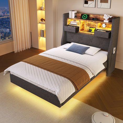 Polsterbett 90x200 cm mit LED-Beleuchtung und USB-Ladestation, modernes Einzelbett mit Stauraum-Kopfteil und Lattenrost, Leinenoptik Grau (1/5)