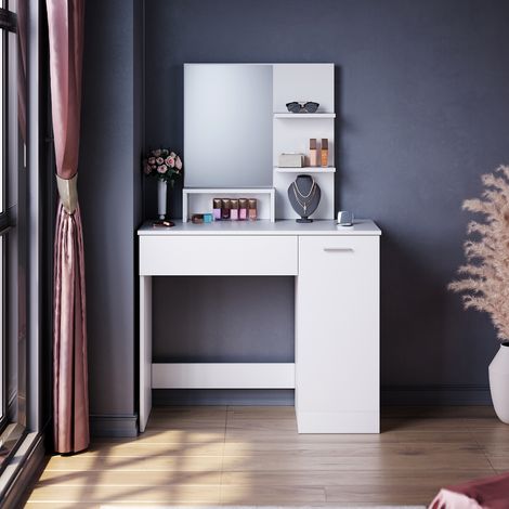 ELEGANT White Dressing Table with Mirror, Makeup Table with Drawer & 4 Shelves, Large Storage Vanity Table for Women Girls Bedroom (1/5)